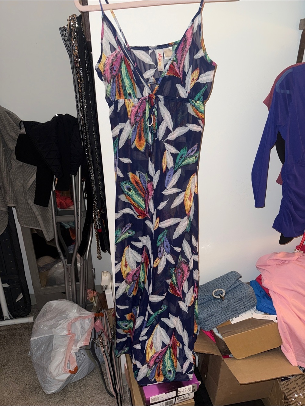 Miken Navy Maxi Dress with Multicolor Feather Print